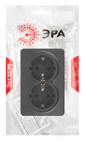 Розетка ЭРА Эксперт 11-2205-05 двойная с заземлением 2х2P+E Schuko IP20 16A-250В ОУ антрацит