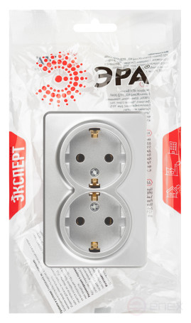 Розетка ЭРА Эксперт 11-2205-03 двойная с заземлением 2х2P+E Schuko IP20 16A-250В ОУ алюминий