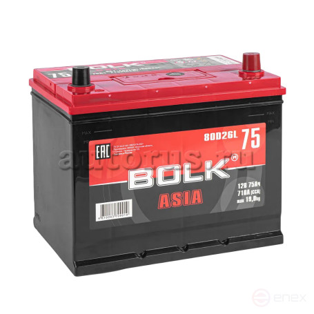 Аккумулятор BOLK ASIA 75 А/ч обратный R+ 260x175x225 D26 EN 710 А