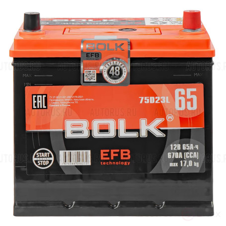 Аккумулятор BOLK EFB ASIA 65 А/ч обратный R+ 232x175x225 D23 EN 670 А