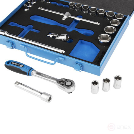 Набор шестигранных торцевых головок NORGAU Industrial с аксессуарами 1/2", 24 предмета, N1924-S832 в металлическом ящике