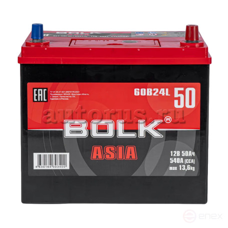 Аккумулятор BOLK ASIA 50 А/ч обратный R+ 238x129x225 B24 EN 540 А