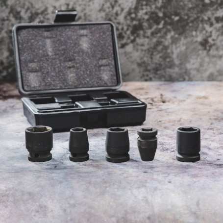 Set of hexagonal impact end heads NORGAU Industrial 1/2’, 5 pieces, N19K-005 in a plastic case