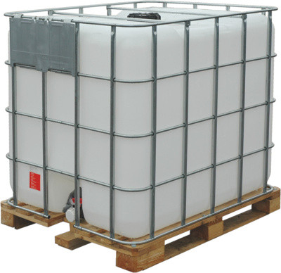 Capacity p/e cubic 1000l with a white crane on a wooden pallet