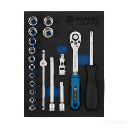 Set of twelve-sided end heads NORGAU Industrial with 1/4” accessories, ND2019-S414, 19 pieces