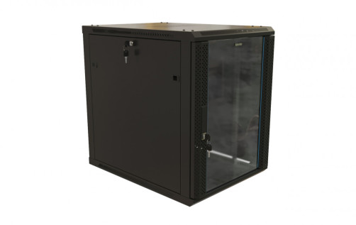 TWB-1868-GP-RAL9004 Wall cabinet 19-inch (19"), 18U, 908x600x800mm, glass door with perforation on the sides, handle with lock, color black (RAL 9004) (disassembled)