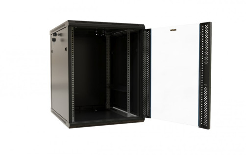 TWB-1868-GP-RAL9004 Wall cabinet 19-inch (19"), 18U, 908x600x800mm, glass door with perforation on the sides, handle with lock, color black (RAL 9004) (disassembled)