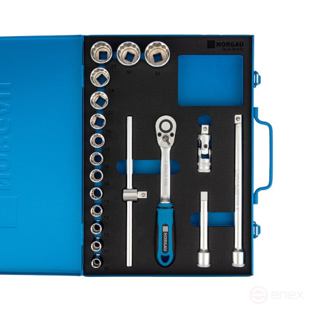 Набор двеннадцатигранных торцевых головок с аксессуарами NORGAU Industrial 1/2", 19 предметов, ND19 в металлическом ящике
