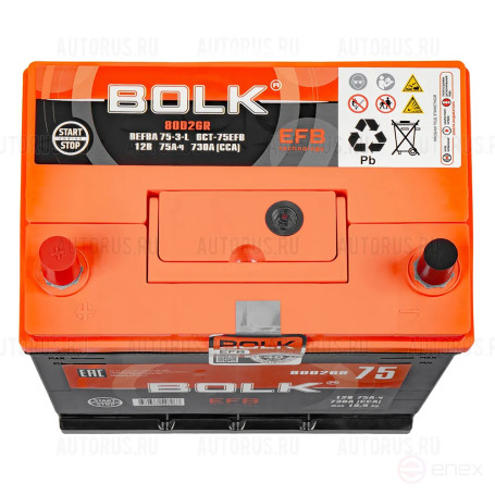 Аккумулятор BOLK EFB ASIA 75 А/ч прямой L+ 260x175x225 D26 EN 730 А