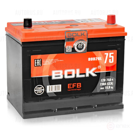 Аккумулятор BOLK EFB ASIA 75 А/ч обратный R+ 260x175x225 D26 EN 730 А