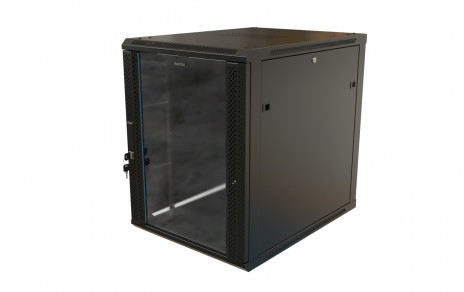 TWB-1568-GP-RAL9004 Wall cabinet 19-inch (19"), 15U, 775x600x800mm, glass door with perforation on the sides, handle with lock, color black (RAL 9004) (disassembled)