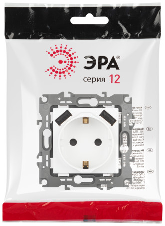Розетка ЭРА Серия 12 12-4109-01М 2P+E 16A-250В штор. с 2xUSB 5В-3А белый матовый