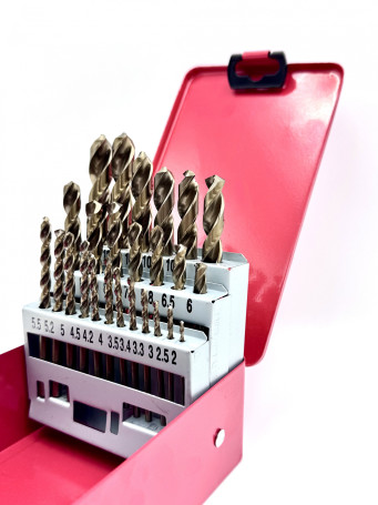 Drill set No. 72 R6M5K5 HSSE M35, ground, 135° D=2/2,5/3/3,3/3,4/3,5/4/4,2/4,5/5/5,2/5,5/6/6,5/6,8/7/8/8,5/9/10/10,2/10,5/11/12/13 = 25 pcs, metal case, for hard steels