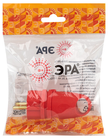 Вилка ЭРА VX11-R-IP44 каучуковая c заземлением 16А IP44 с кольцом угловая красная