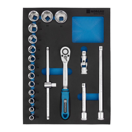Набор торцевых головок NORGAU Industrial с аксессуарами 1/2”, N1919-S1032 в ложементе, 19 предметов