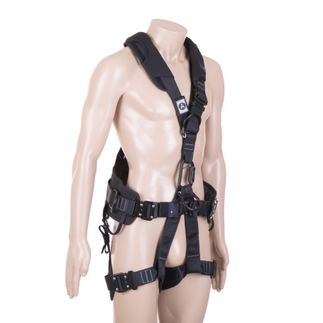 Safety harness with integrated belt for holding and positioning, with fastening element for working in a sitting position DVX13