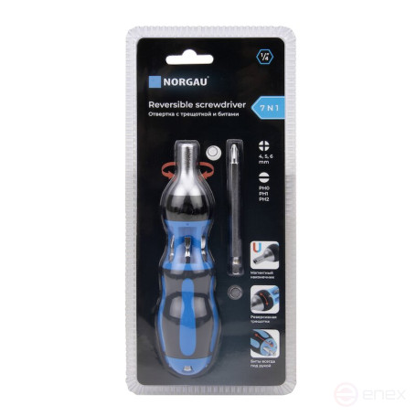 Отвертка NORGAU Industrial с реверсивной трещоткой и сменными битами, NSS7-1U