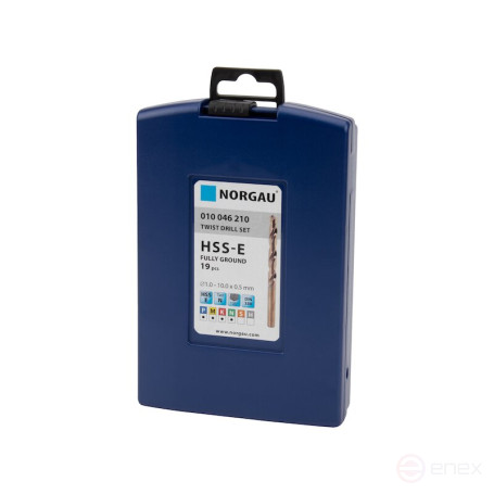 Set of NORGAU Industrial metal drills in a 1-10 mm case, 19 pieces, HSS-E