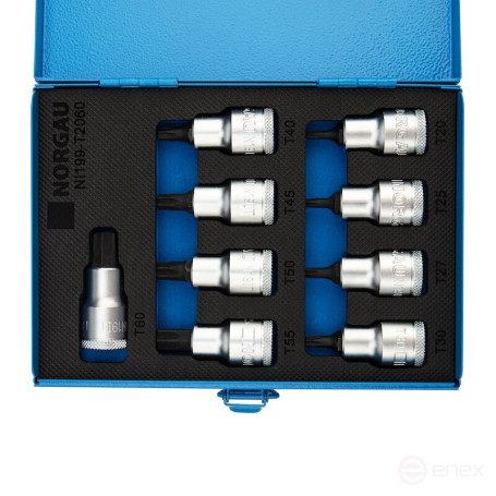 Set of end heads with inserts NORGAU Industrial TORX 1/2”, 9 pieces, NI199-T2060 in a metal box