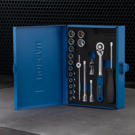 Набор двеннадцатигранных торцевых головок с аксессуарами NORGAU Industrial 1/4", 19 предметов, ND20 в металлическом ящике