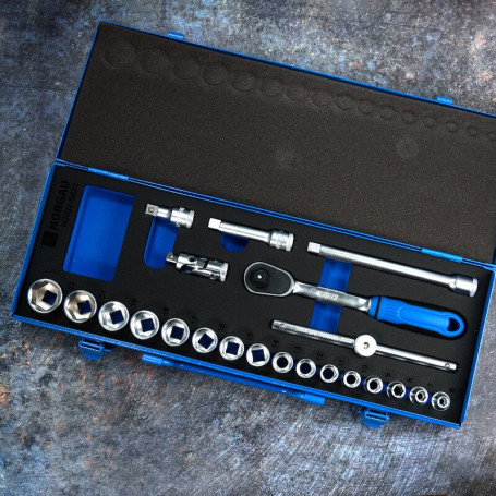 Набор шестигранных торцевых головок NORGAU Industrial с аксессуарами 3/8", 22 предмета, N3022-S622 в металлическом ящике