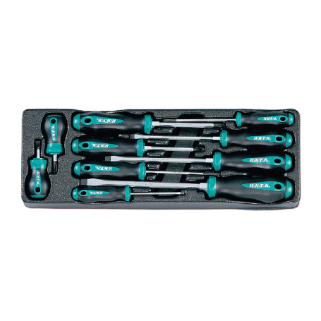A set of screwdrivers in a bed, 10 items