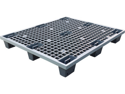The pallet 1200x1000x140 is perforated, embedded, on legs, with protection of the sides of the color gray