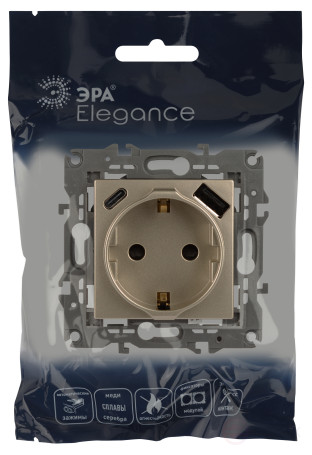 Розетка ЭРА Elegance 14-4108-04 2P+E 16A-250В со шторками с USB type-A+C 5В-3А шампань
