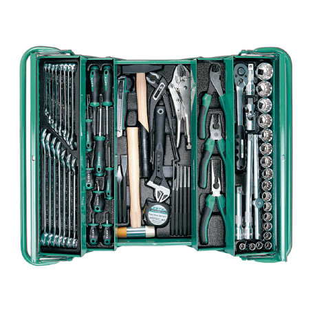 A set of tools in a metal box, 68 items