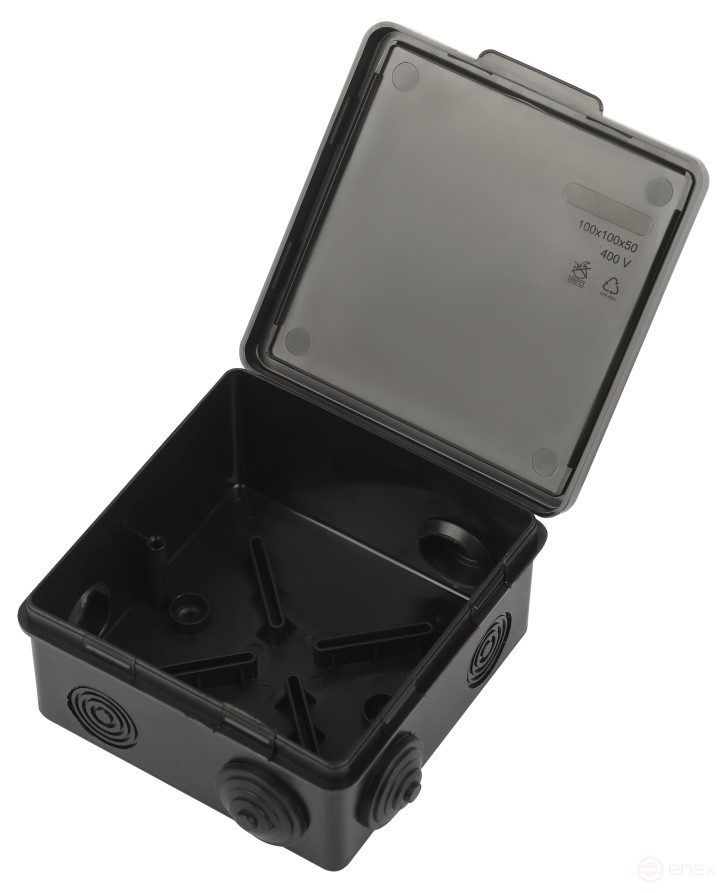 Soldering box ERA KOR-100-100-50- 8g-B open installation black 100x100x50mm with 8 vx hermetic leads. IP54