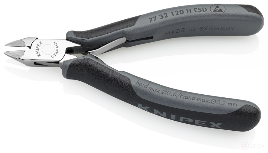 Бокорезы для электроники ESD, экстр. нагрузки,остр. головка,рез: провол. мягк. Ø 1.6 мм,ср. Ø 1.0 мм,тв. Ø 0.6 мм,роял. струна Ø 0.2 мм,L-120 мм,83HRC