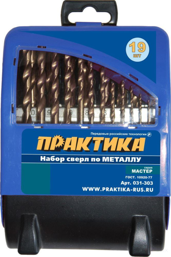 Metal drill set PRAKTIKA "Master", 19 pieces, 1 - 10 mm in a metal cassette (031-303)
