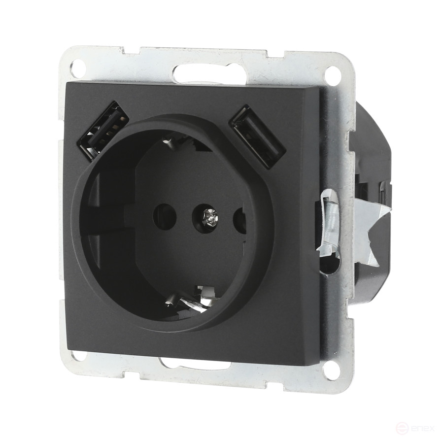 Socket with z/k + 2xUSB connector, 2A (black velvet) LK60