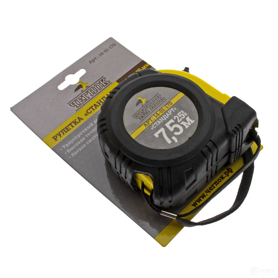 Tape measure, rubberized housing, ABS plastic, Standard series, 7.5m x 25mm, Cheglock (6/60)