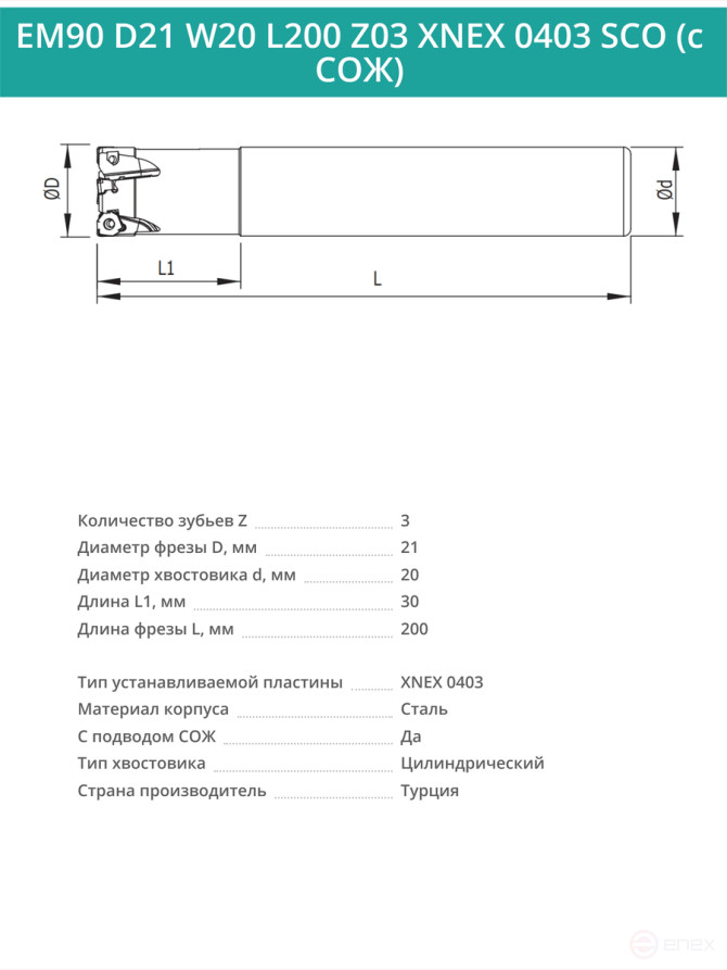 Концевая фреза корпусная 21 мм, 3 зуба, L 200 мм / EM90 D21 W20 L200 Z03 XNEX 0403 SCO (с СОЖ)