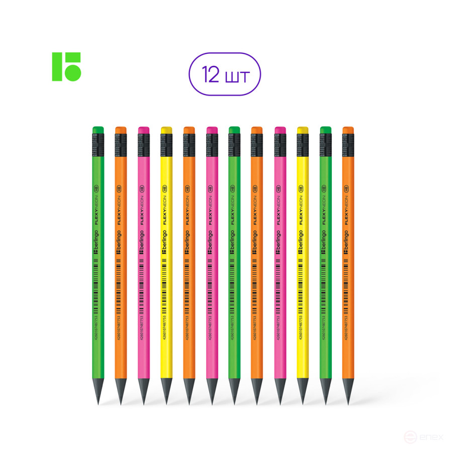 Карандаш ч/г Berlingo "Flexy Neon" HB, с ластиком, заточен., пластиковый, ассорти