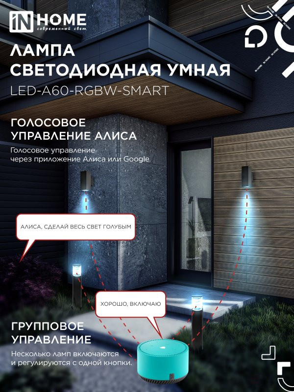Лампа светодиодная LED-A60-RGBW-SMART 15Вт 230В Wi-Fi Е27 RGB-3000-6500К 1450Лм IN HOME