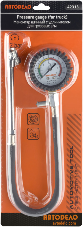 Манометр (0.50-12.16 bar) с клапаном спуска и шлангом с насадкой-удлинителем (АвтоDело) 42313