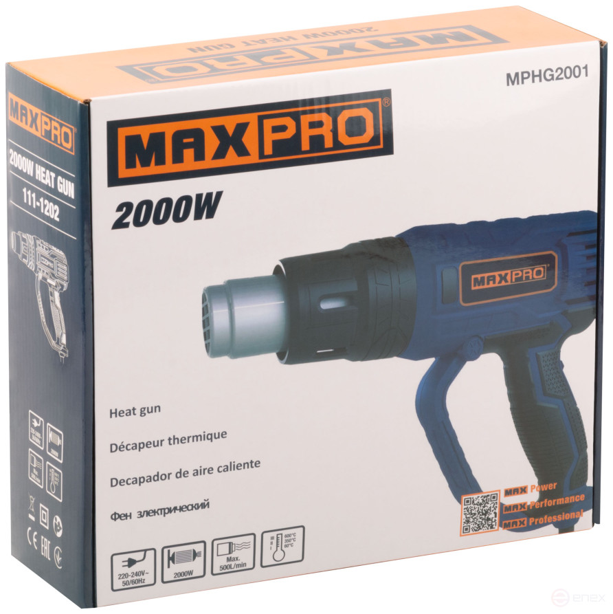 MAX-PRO Technical hair dryer 2000 W; 60/350/600°C; 500 l/min; 0.76 kg; rubber cable; rubber inserts; box.