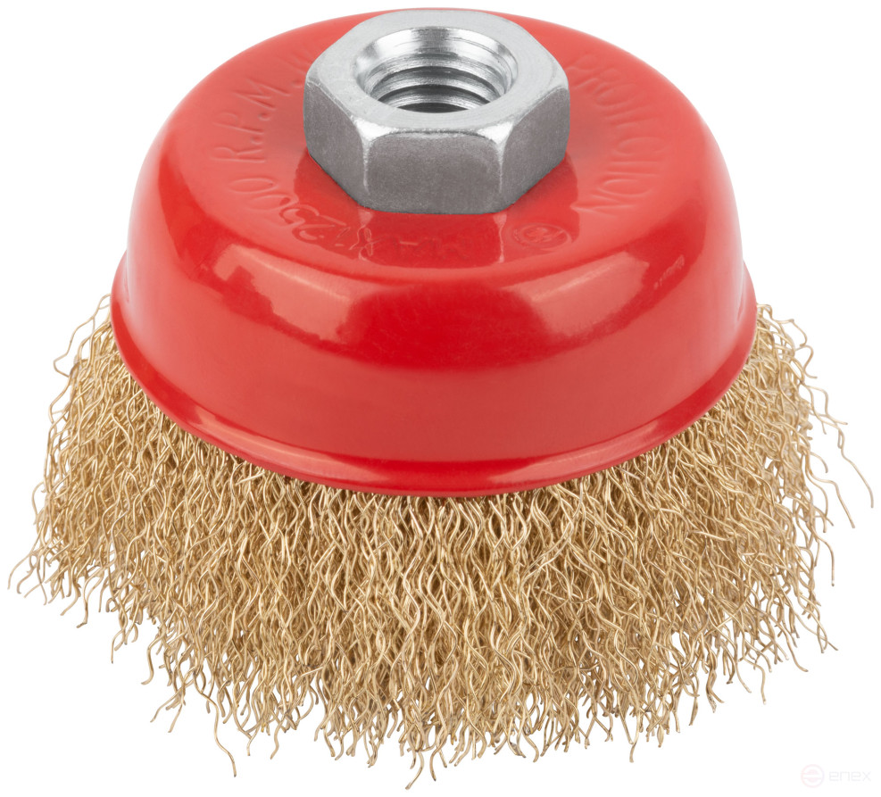 Корщетка чашечная, гайка М14, стальная латунированная волнистая проволока 75 мм