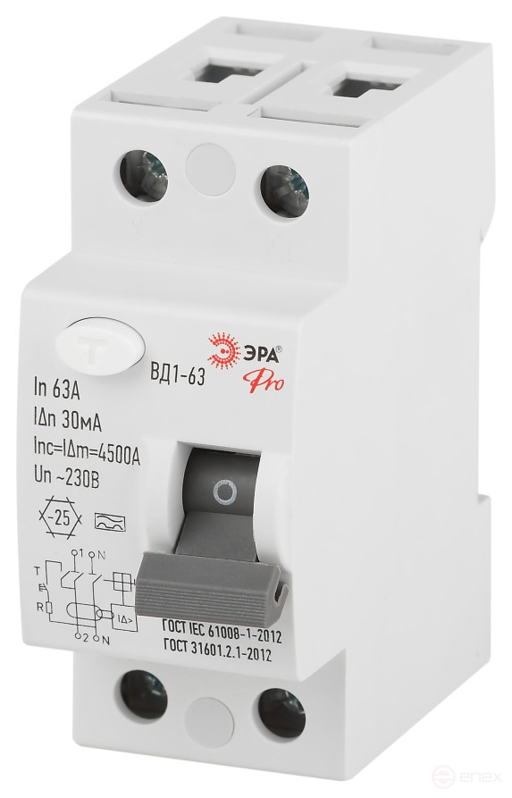 УЗО ЭРА PRO VD12EM63A30 ВД1-63 4,5кА 2P 63А 30мА тип A электромеханическое