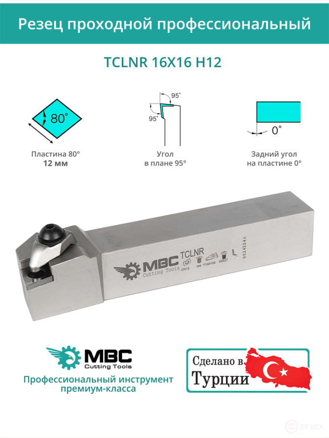 TCLNR 16X16 H12 резец токарный проходной правый 16x16 мм / пластина 12 мм, CNMG 1204**