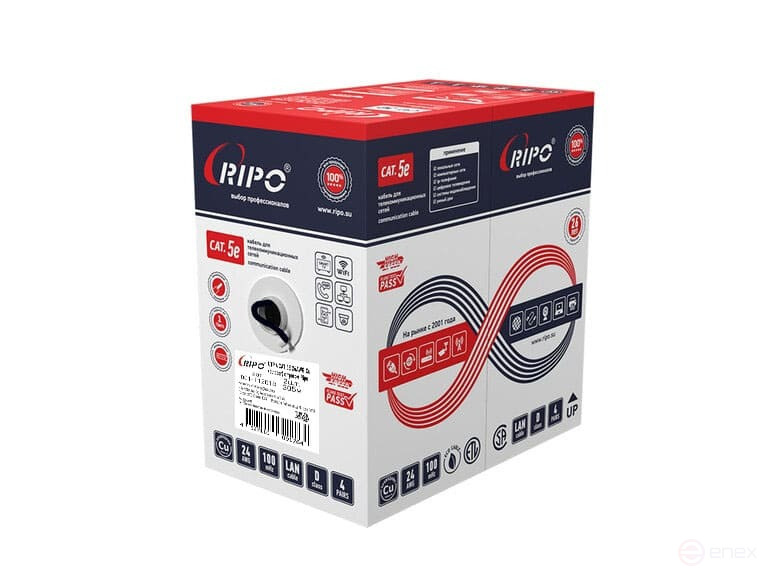 Кабель витая пара UTP4CAT5E 24AWG Cu Ripo (outdoor) с одножильным тросом, черный, (305м)