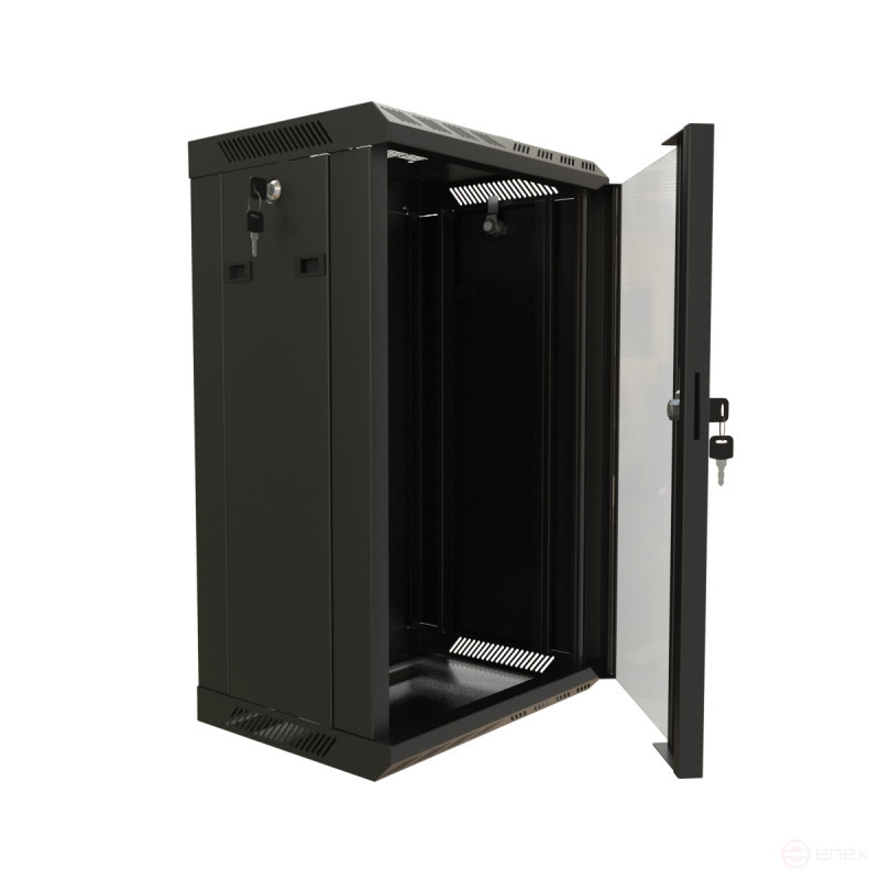 TDB-15U-GP-RAL9004 Wall cabinet 10", 15U, 774.5x390x300, set size 254 mm, with glass door, opening walls, possibility of installing a fan, color black (RAL 9004) (assembled)