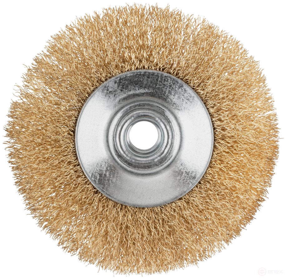 Корщетка-колесо с наклоном, гайка М14, стальная латунированная волнистая проволока 115 мм, блистер