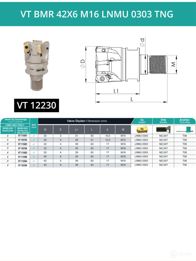 VT BMR 42X6 M16 LNMU 0303 TNG фрезерная сменная головка 42 мм с резьбой M16 / с СОЖ