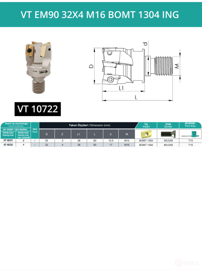 VT EM90 32X4 M16 BOMT 1304 ING Milling Replacement Head 32 mm with M16 Thread / without COOLANT