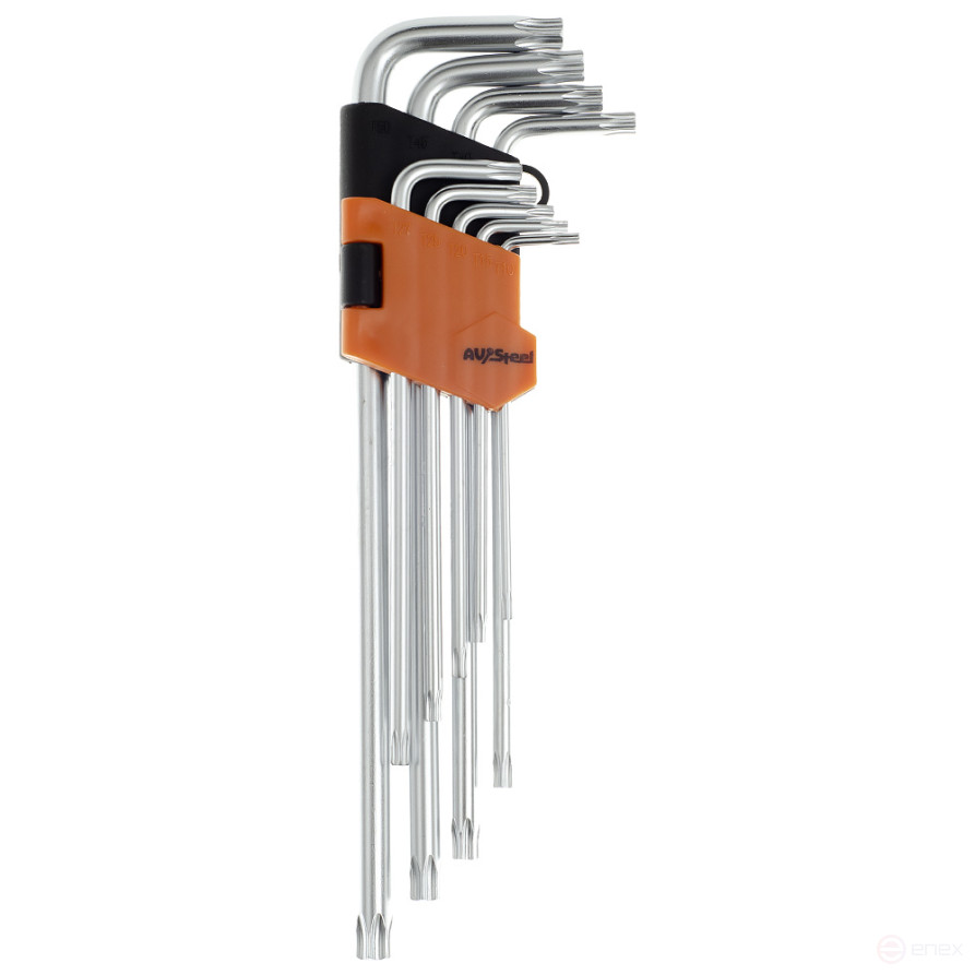 Набор ключей Г-образных TORX с отверстием экстрадлинных TH10-TH50 AV Steel 9 предметов