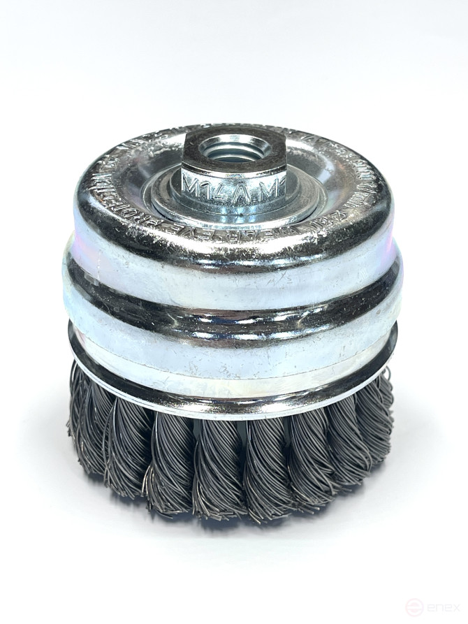Cup harness brush with a limiting ring, D80 mm, 20 bundles, straight steel wire STH 0.35 mm, M14 fit