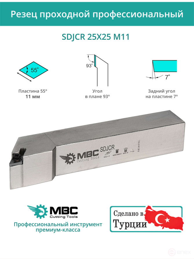 SDJCR 25X25 M11 резец токарный проходной правый 25x25 мм / пластина 11 мм, DCMT 11T3**